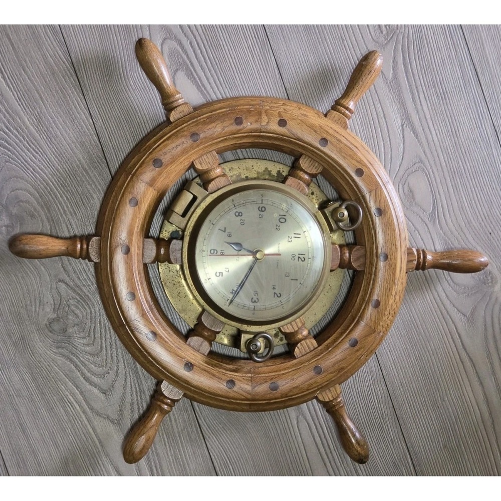 Vintage Brass & Wood Clock Ship's Time Walnut Wheel 18" Nautical *Needs Repair*